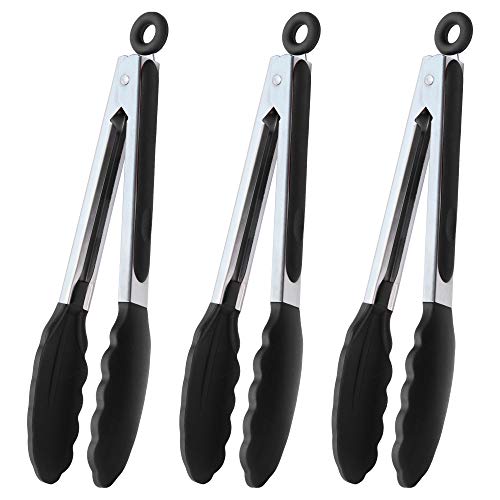 9-Inch Stainless Steel Cooking Tongs with Silicone Tips, Set of 3 (Black)