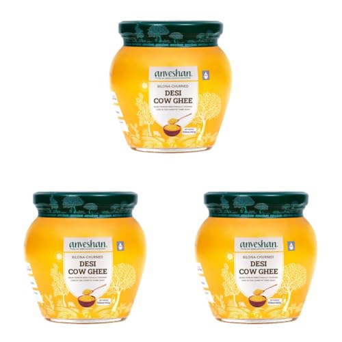 Image of Anveshan A2 Cow Ghee 500ML | Desi Ghee in Glass Jar | Bilona Method | Grass-Fed | Curd-Churned | Cultured Ghee | Pure, Natural, Healthy | Keto-Friendly | Lab Tested (Pack of 3)