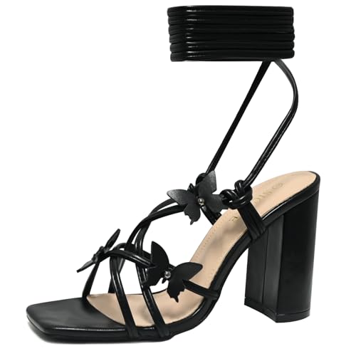 Strappy Heels for Women Sexy Lace Up Chunky High Heels Sandals Square Open Toe Heels with Bow White Black Gold Silver Tie Up Block Heels for Party, Prom, Evening