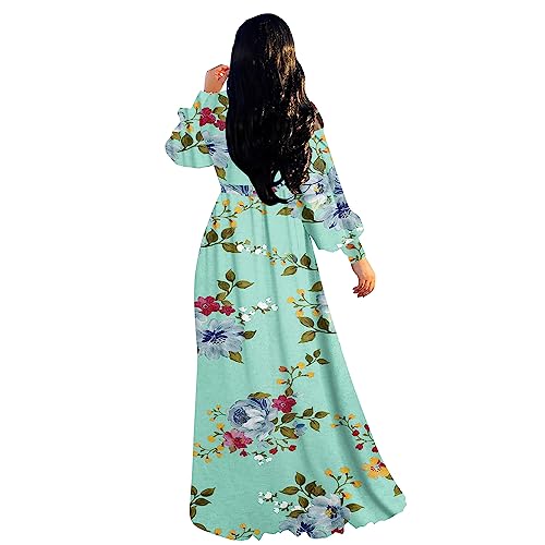 BOGURST Formal Maxi Dress Long Sleeve V Neck Floral Print Maxi Dress Boho Chiffon Flowy Long Dress Greenflower L - Thumbnail 2