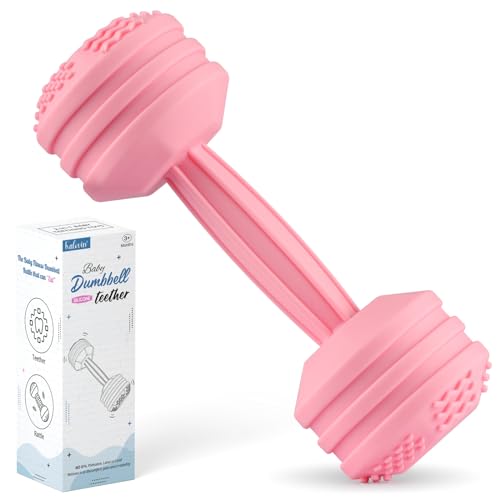 Image of Baby Dumbbell Toy - Silicone Dumbbell Teether Toys Weight Rattle Sensory Toy for Babies - Great Gift for Baby and Toddler Girls or Boys (Pink)