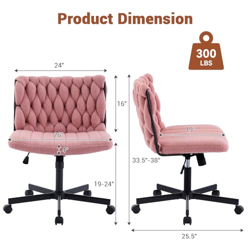 GarveeHome Criss Cross Chair with Wheels, Wide Seat Home Office Desk Chair, Armless Makeup Vanity Chair, Modern Cross Legged Swivel Comfy Chair, Computer Task Chair for Home Office, Pink
