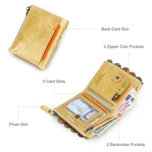 Image of CONTACTS Soft Leather Wallet for Women Small Bifold Coin Purse Double Zipper Card Holder with RFID Blocking (Yellow)