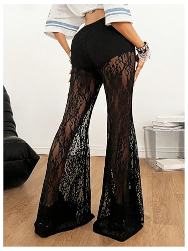 GORGLITTER Women's Floral Lace Sheer Bell Bottom Pants Sexy Flare Leg Mesh Long Pants3
