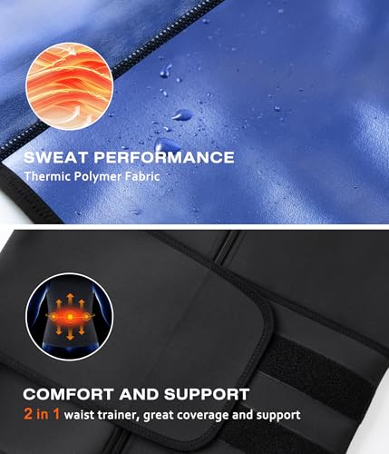 Junlan Sauna Suit for Men 2 in 1 Waist Trainer Sauna Shirt for Men Sweat Band for Stomach(Blue,Large)