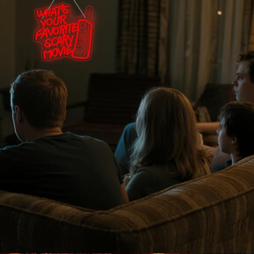 Image of What's Your Favorite Scary Movie Neon Sign Wall Light for Halloween Decor | 12.6in*12.6in,Adjustable brightness (5 levels),Powered by USB port,Applicable to Halloween,Bar,Club,Party,Night,Movie theater