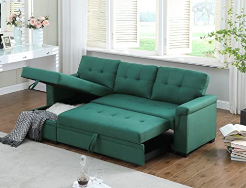 Lilola Home Lucca 84' Reversible Sleeper Sectional Sofa with Pull-Out Bed & Storage Chaise, Green Linen Fabric, Tufted Back, Modern Compact Couch for Living Room, Easy Assembly