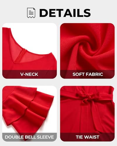 Image of Plus Size Wedding Guest Dress - Double Bell Sleeve High Low Split Dresses | Semi formal cocktail dress, V-neck double bell sleeves with belted high-low split ruffle hem.