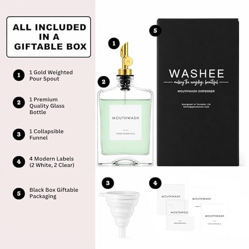 Image of Mouthwash Dispenser for Bathroom - Square Glass Mouth Wash Dispenser, Gold Weighted Pour Spout, Funnel & 4 Labels - 375 ml / 12.68 oz | Includes Gold Weighted Pour Spout, Funnel, 4 Labels