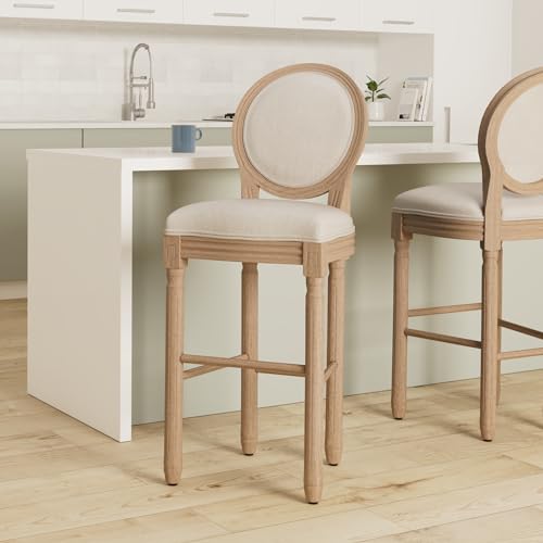 Image of Virabit Bar Height Chairs Set of 2, French Country Bar Stools with Solid Wood Frame and Upholstered Seating, Vintage Bar Stools