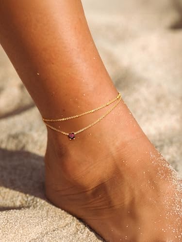 FindChic Bling Heart Birthstone Anklets Layered Beaded Ankle Bracelets for Women Gold/Black/Silver 12 Month Gem Colors Foot Chain Summer Jewelry for Girls, with Gift Box - Image 4