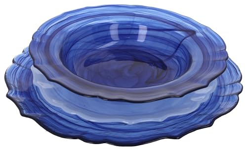 Keyhomestore - Service de 18 assiettes en verre bleu et blanc - Finition brillante - Assiettes plates, Fonds et Apéritif - Élégantes pour table moderne et occasions spéciales. Idée cadeau