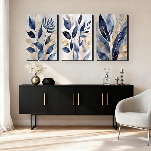 RIBNTAK Blue and Gold Botanical Set of 3 Canvas Wall Art, Elegant Leaf Prints Pictures for Bedroom, Large Modern Neutral Paintings, Large Wall Decor for Home Office, Made in USA
