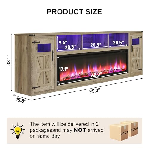 Image of Fireplace TV Stand for 100 Inch TV, 95 inch Farmhouse Entertainment Center with 60 inch Electric Fireplace & LED Lights, Large Media Console for Living Room, Rustic Barn Doors, Power Outlets,Grey