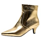 Betastella Metallic Ankle Boots Women Low Kitten Heel Pointed Toe Booties Sparkly Shiny Party Dress Short Boots Shoes, Size 10, Gold