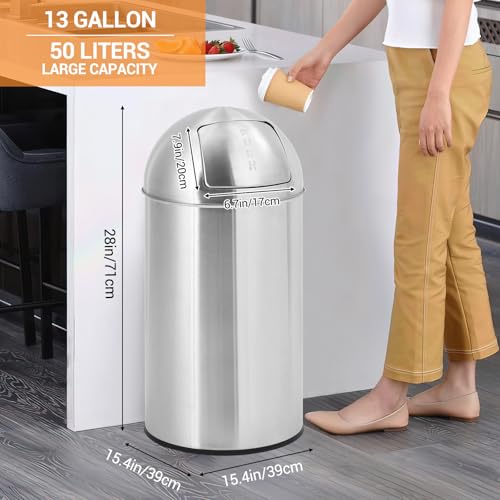 Image of 13 Gallon /50 L Tall Trash Can, Heavy Duty Stainless Steel Garbage Can with Push Lid, Outdoor Fingerprint-Proof Trash Bin with Removable Inner Metal Bucket for Commercial Use
