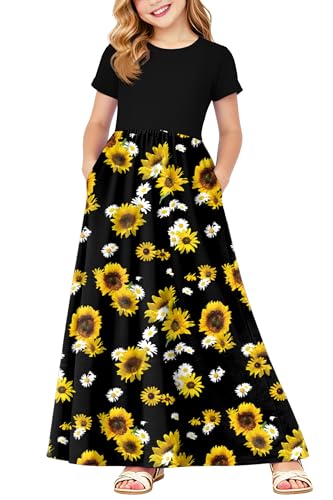 Image of Deerose Girls Maxi Dress Short Sleeve Casual Long Dresses with Pockets 5-14 Years
