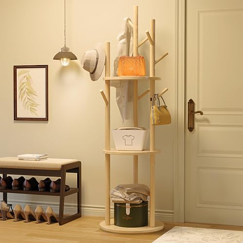 SmartMaster ポールハンガー 木製 コート掛け コートハンガー ハンガーハンガースタンド 洋服ラック 衣類収納 収納ラック3 フック9個 組み立て簡単 倒れ防止 玄関ホール 倒れにくい土台 省スペース 高耐荷重 頑丈 ダークブラウン 直径38×高さ165cm (木の色)