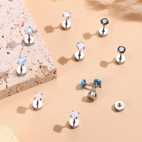 MILACOLATO 5Pairs G23 Titanium Flat Back Earrings Surgical Stainless Steel Stud Earrings for Women Men Opal Pearl Turquoise Cubic Zirconia Sleeper Cartilage Screwback Earrings Piercing Studs Titanium Earrings for Sensitive Ears3