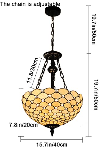 Qhray Tiffany Stained Glass Chandelier, 3 Lights Vintage Jeweled Ceiling Fixture Lamp Antique Cream White Hanging Lamp Lighting For Dining Room Living Room Hallway, Bulb Not Included #TOP3