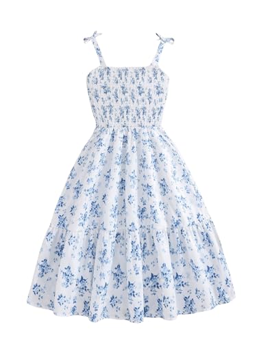 WDIRARA Girl's Floral Print Smocked Cami Dress Bow Tie Shoulder A Line Flowy Dress