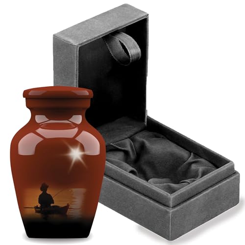 Forever URNS - Mini Urn for Ashes Adult Male & Female | Memorial Gifts, Ashes Keepsake l Aluminium Metal with Fishing Man Design | Velvet Protection Box | Handcrafted Memorial Box for Funeral, 3 cu in