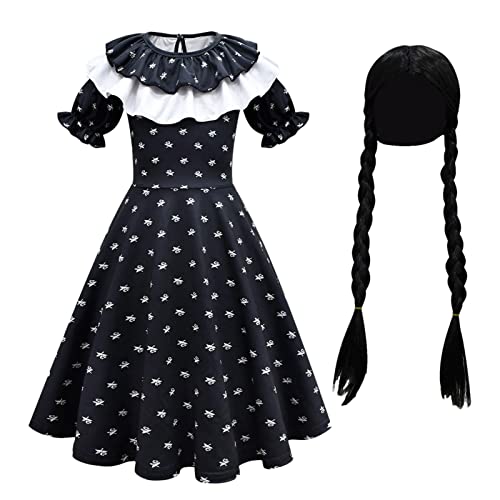 Mercredi Addams Costume Enfants, Addams Cosplay Robe Avec Perruque, Mercredi Adams Family Thing Dress, Tenues Gothiques Vintage Halloween Party Robe De Jeu De Rôle, 110-160cm Cover