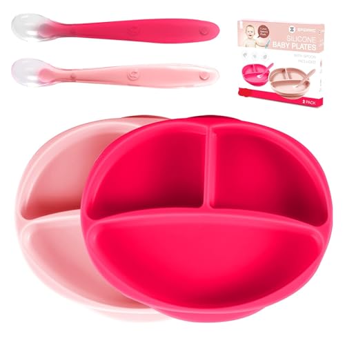 Image of Silicone Suction Plate for Baby - 100% Food Grade Silicone Divided Plate | Toddler Self Feeding Training Suction Plate Set | BPA-Free, Microwave Dishwasher Safe Stay Put Plates (Light & Dark Pink)