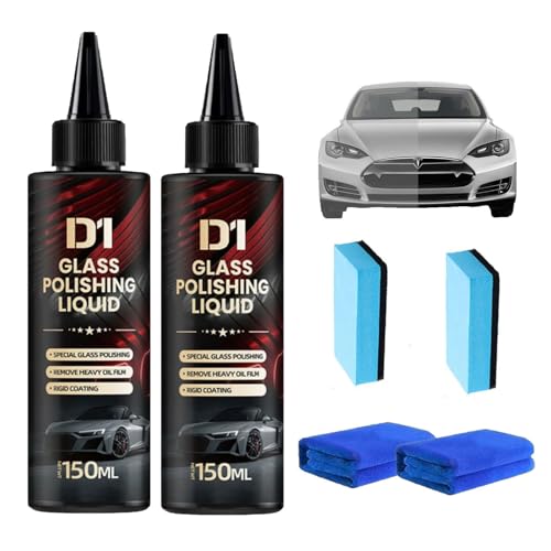 2Pcs Bianca Glass Polishing Liquid D1, Bomini Car Glass Polishing, Auto Compound Windshield Cleaner, Waterspot Oil Film Remover, Anti-Fog Hydrophobic Coating Spray with Sponge, Scratches, Oil Film
