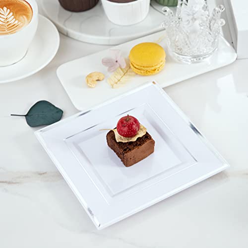 Bucla 100Pcs White And Silver Square Plastic Plates-6Inch Disposable Dessert Plates-Suitable For Weddings, Parties, Banquet Dinner, Family Gatherings #TOP1