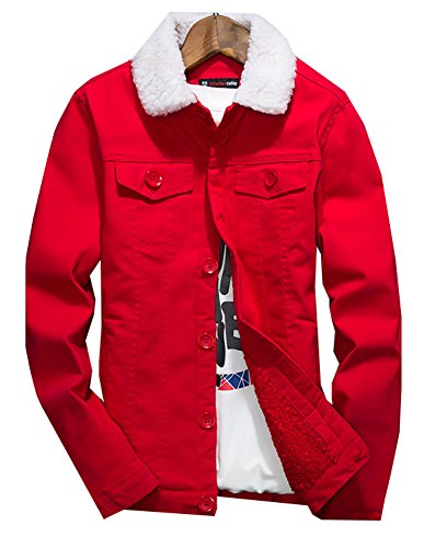 LifeHe Men's Winter Fleece Wool Blend Lined Denim Jacket Coats (XS, Red)