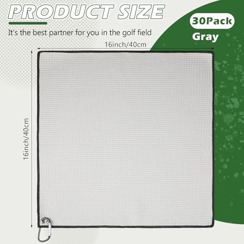 Batiyeer 30 Pcs Bulk Golf Towels for Golf Bags 16\'\' x 16\'\' Microfiber Fabric Golf Towel Waffle Pattern with Clip for Bags Men Mini Tournament Fitness Yoga Camping(Gray)