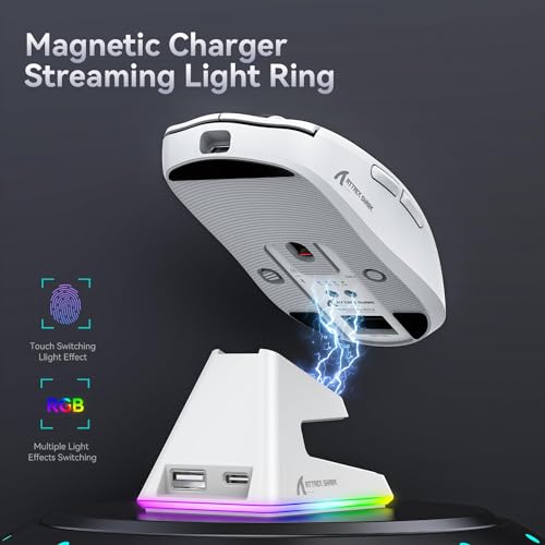 Image of ATTACK SHARK X6 Lightweight Wireless Gaming Mouse with RGB Backlight Charging Base,Tri-Mode Wired /2.4GHz /BT5.2,26K DPI, PAW3395 Optical Sensor,HUANO Switch,5programmable Buttons,PC /Mac(White)