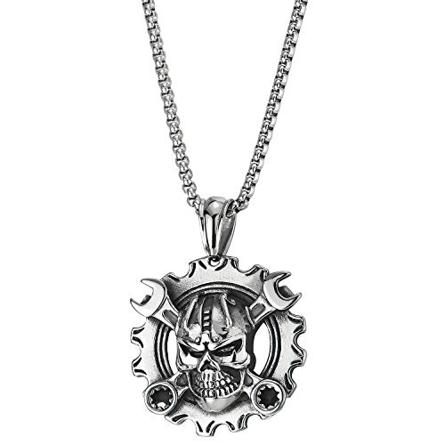 COOLSTEELANDBEYOND Mens Steel Vintage Mechanic Wrench Gear Wheel Skull Pendant Necklace 30 in Wheat Chain Biker Gothic2