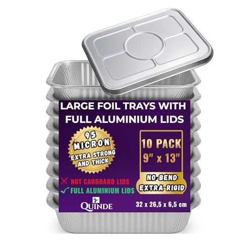 QUINDE Lot de 10 grands plateaux en aluminium avec couvercles - 3500 ml - Couvercles entièrement en aluminium de qualité supérieure pour restauration,...
