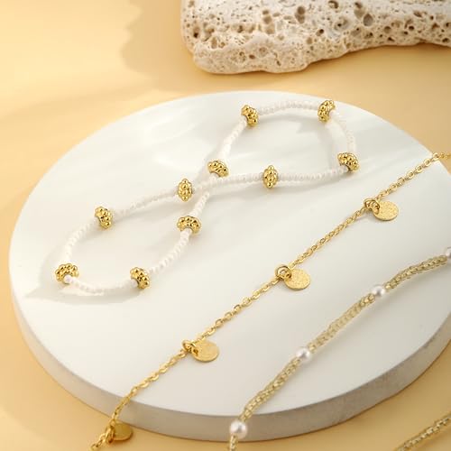 Image of BERISO 14K Gold Anklets for Women, Waterproof Pearl Beads Rhinestone Anklets Set, Layered Anklet Bracelets for Women, Gold Jewelry