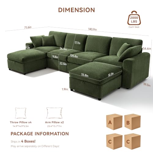 Image of Ihanherry 141 inch Oversized Cloud Sectional Couches for Living Room, Modular Sectional Sofa with Wide Deep Seat, U Shaped Couch with Throw Pillow and Storage Ottoman, Green