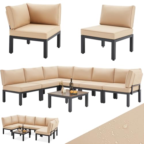UNIONLINE Gartenmöbel Balkonmöbel Set, Lounge möbel Outdoor, 7-TLG. Metall Möbel Set für 6-7 Personen, gartenlounge, Patio Sektional Konversation Gartensofa, Terrassenmöbel mit Kaffeetisch (Beige)