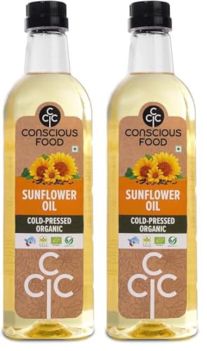 Image of Conscious Food Cold Pressed Sunflower Oil | 1 litre | PET Bottle | Cooking Oil | High in Antioxidants, Delicious & Healthy (Pack of 2)
