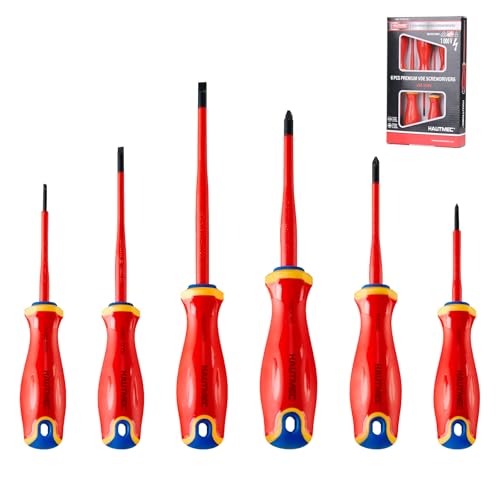 Image of HAUTMEC Insulated Screwdriver Set, 6-Piece Electrician Screwdriver Set, VDE & GS Certified 1000V, with S2 Steel Magnetic Tips and Tri-Material Handles for Professional Electrical Work, HT0331