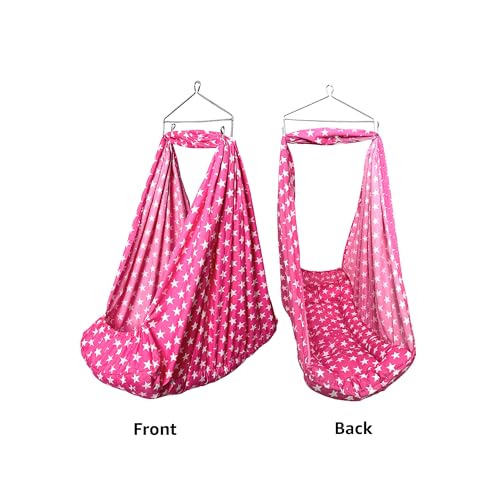 Image of beetot 4 in 1 Baby Cradle Set Swing /Jhula (Thottil Cloth, Palna, Dolna) | Hanging Cradle with Removable Bed, Mosquito Net, Spring, Triangle Hanger | Up to 15 kg | 0-2 Years | PRE-DRK Pink-Star Print