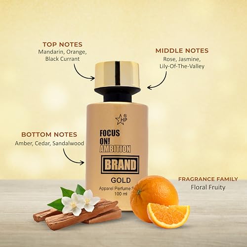 Image of HP Brand Gold Apparel Perfume Spray, 100 ml, Floral Fruity Fragrance with Mandarin, Rose, Sandalwood Notes