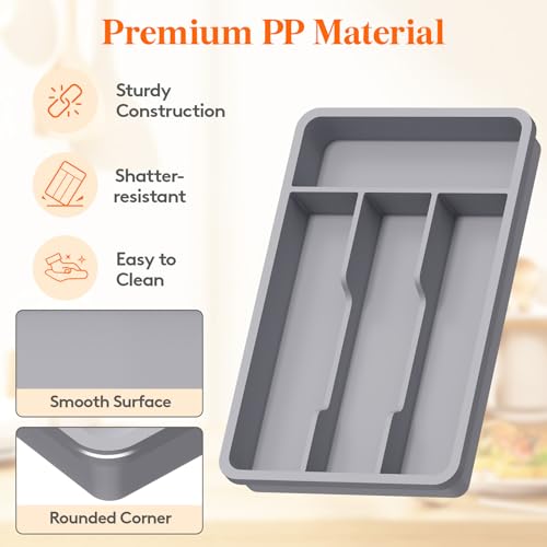 Lifewit Cutlery Drawer Organiser, Plastic Cutlery Tray for Kitchen, Utensil Flatware Silverware Holder Divider for Spoons Forks Knives Tableware, 4 Compartments, 20 x 32cm, Grey
