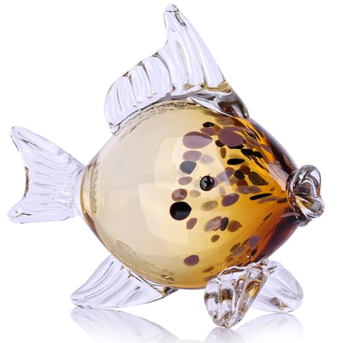 oliruim Bernstein Gold Geblasene Glasfisch Figur - Handgefertigte Kunst Glas Tier Skulptur Ozean K&uuml;ste Home Decor Elegante Ornament f&uuml;r Tischplatte oder B&uuml;cherregal Display (H)