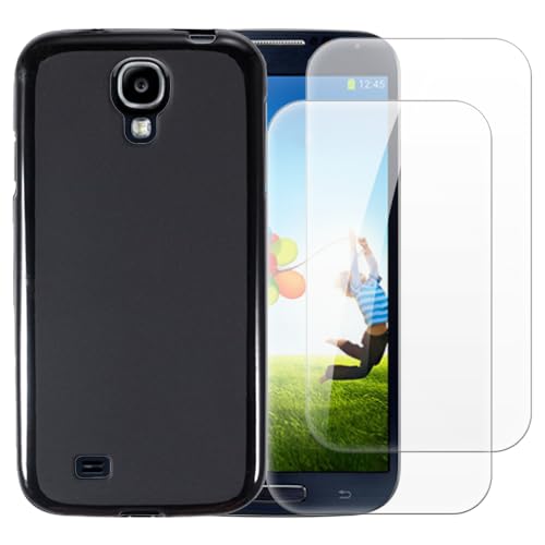 Shantime Case with 2 Pack Screen Protector Combo Compatible with Samsung Galaxy S4 i9500, Shockproof Cover and Tempered Glass Set for Full Body Safety(Black)