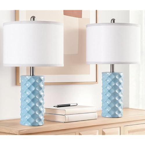 Sky Blue & Star Diamond Ceramic Table Lamps (Set of 2) - 23" Luxe Modern Bedside Lamps for Nightstand,bedrooms, Living Rooms, or entryways & Rotary Switch, Bulbs Included