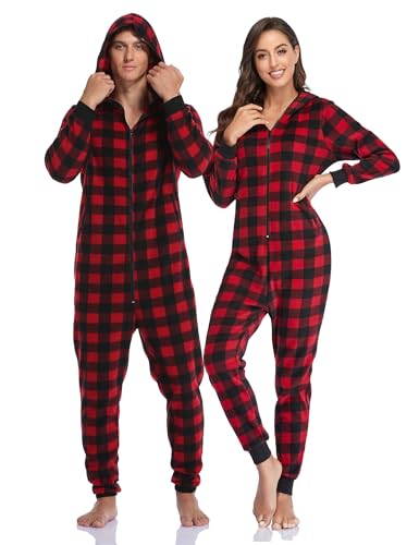 COLORFULLEAF Couples Matching Christmas Pajamas Sets Hooded Fleece Zipper Plaid Pjs Set Union Suits Soft Warm Jumpsuit