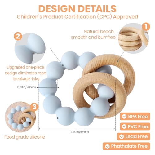 Image of Socub Baby Teething Toys for 0-6 6-12 Months | BPA-Free Food-Grade Silicone & Natural Beech Wood Teether Ring for Newborn Infants Teething Relief | Easy-Grip Sensory Rattle Toys(Baby Blue)