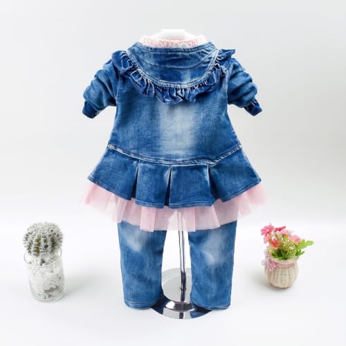 Image of Peacolate 6M-4Years Spring Fall Baby Girls Clothing Set 3pcs Long Sleeve Dress Denim Jacket and Jeans
