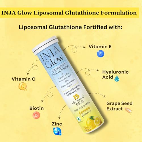 Image of INJA Glow Liposomal Glutathione with Vitamin C & E,Hyaluronic Acid,Zinc,Biotin & Grape Seed Extract, Reduces Dark Spots,Enhances Skin Glow & Collagen,Lemon Flavour,1 count,15 capsules (Pack of 2)